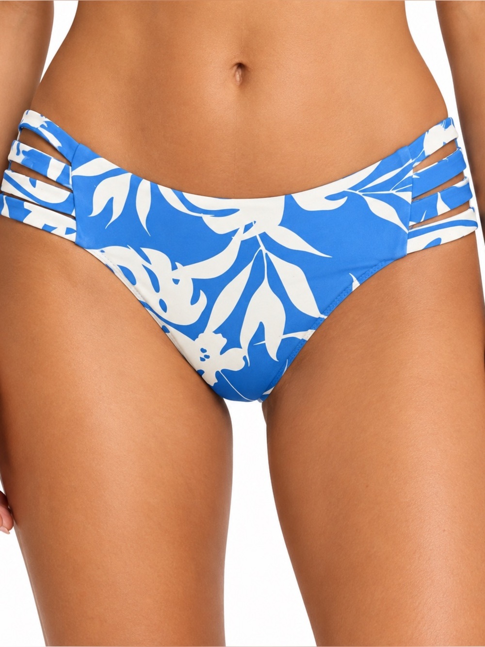 ROXY Blue White Tropical Floral Strappy Bikini Bottom Size Small